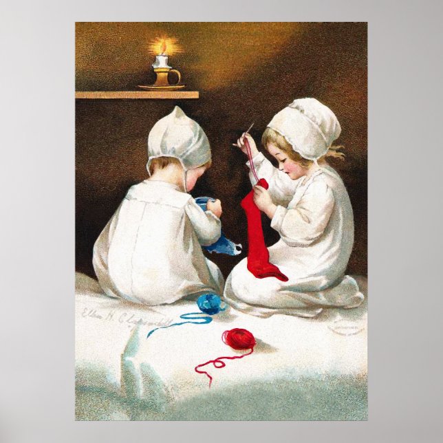 Affiche Ellen H. Clapsaddle: Girls Stitching Stockings (Devant)