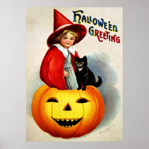 Affiche Ellen H. Clapsaddle : Sorcière à Jack O'Lantern