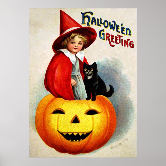 Affiche Ellen H. Clapsaddle : Sorcière à Jack O'Lantern (Devant)
