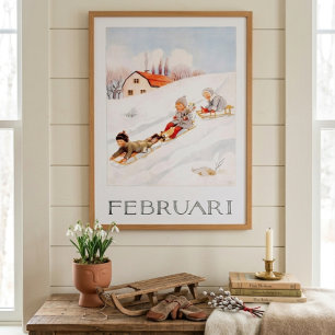 Affiche Elsa Beskow vintage Février Traîneau Nursery