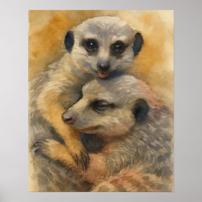 Affiche Embrassage calme - Aquarelle Meerkat Pair (Devant)