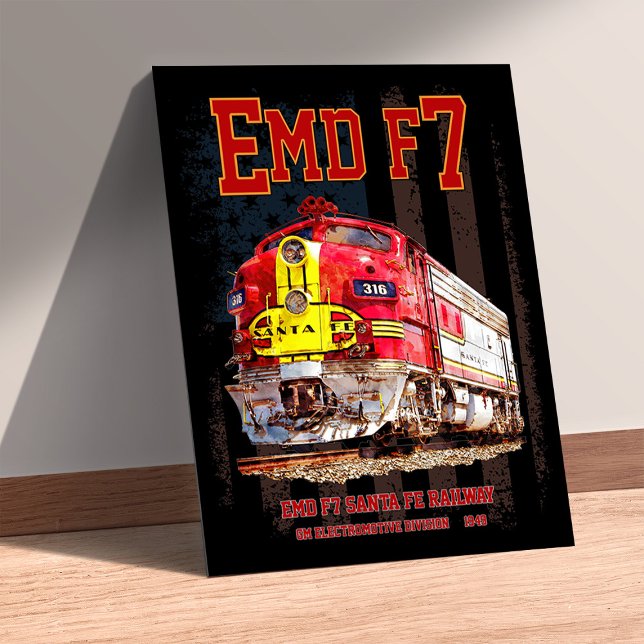 Affiche EMD F7 Santa Fe Warbonnet avec drapeau américain. (EMD F7 Santa Fe Warbonnet with American Flag. Poster)