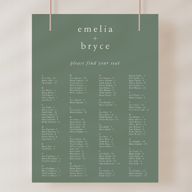 Affiche EMELIA Sage Moderne Mariage   Modèle (EMELIA Sage Modern Wedding Seating Chart Template)