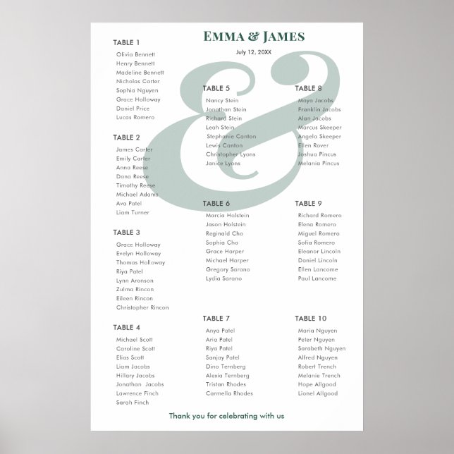 Affiche Emerald Ampersand Mariage | Plan de table 10 (Devant)