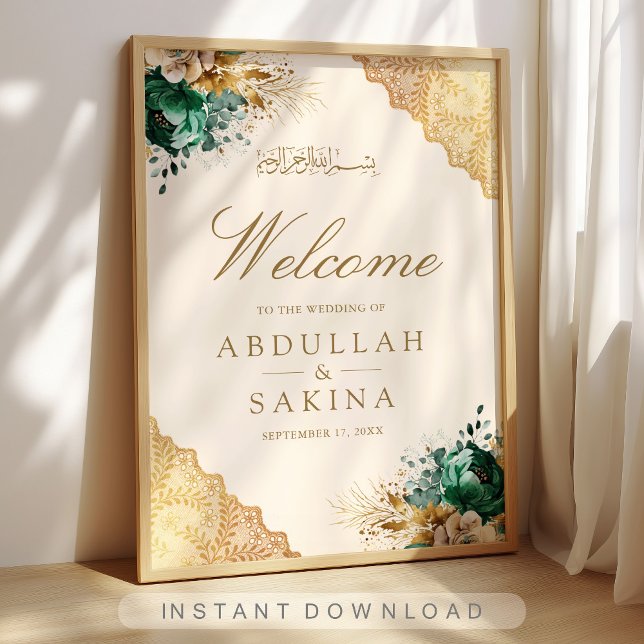 Affiche Emerald Floral Gold Muslim Wedding Welcome (Créateur téléchargé)