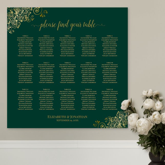 Affiche Emerald Green 15 Table Wedding Seating Chart Gold (In Situ on Wall)