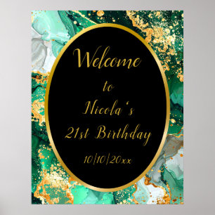 Affiche Emerald Green et Gold Marble Agate Anniversaire