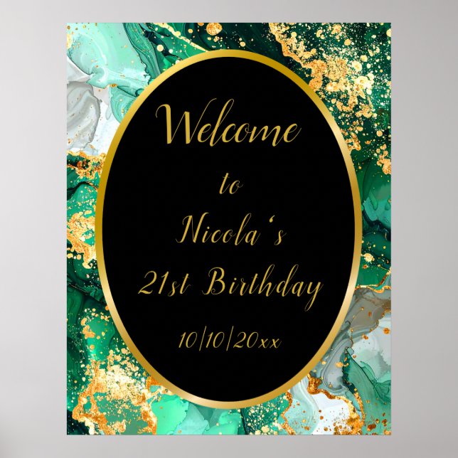 Affiche Emerald Green et Gold Marble Agate Anniversaire (Devant)