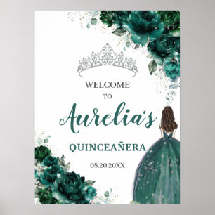Affiche Emerald Green Floral Argent Quinceañera Bienvenue
