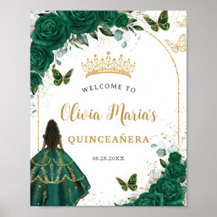 Affiche Emerald Green Floral Princess Quinceañera Bienvenu