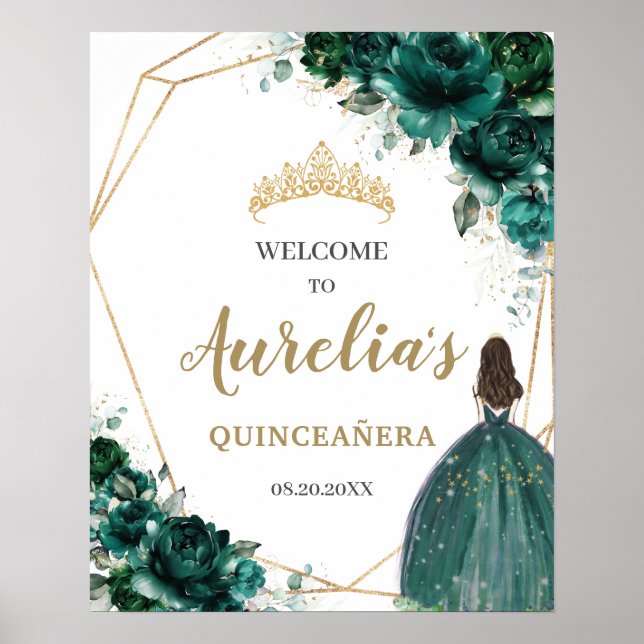 Affiche Emerald Green Floral Quinceañera Accueil géométriq (Devant)