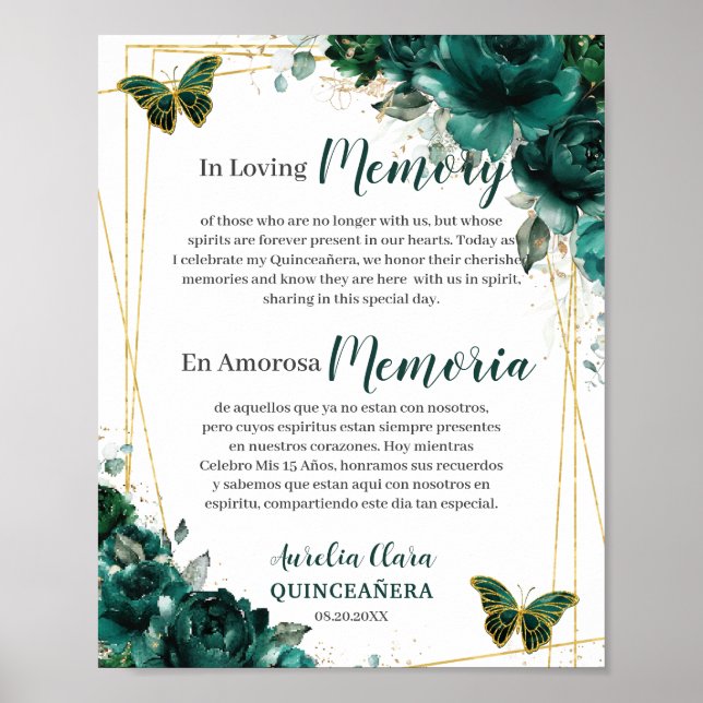 Affiche Emerald Green Floral Quinceanera In Loving Memory (Devant)