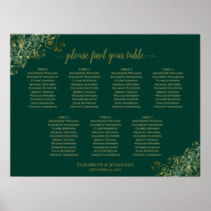 Affiche Emerald Green & Gold 7 Table Wedding Seating Chart