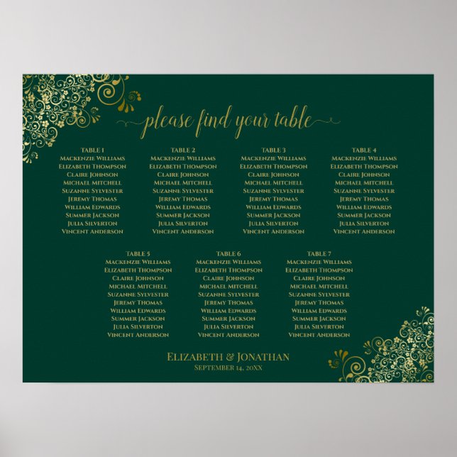 Affiche Emerald Green & Gold 7 Table Wedding Seating Chart (Devant)