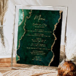 Affiche Emerald Green Gold Agate Mariage Menu Table<br><div class="desc">Le bord gauche de cet élégant panneau de menu mariage moderne est doté d'une bordure en aquarelle vert émeraude et d'une parties scintillant en faux or. Le mot "Menu" apparaît dans un script d'écriture manuscrite de couleur or. Personnalisez le texte restant avec les noms du couple, la date du mariage...</div>