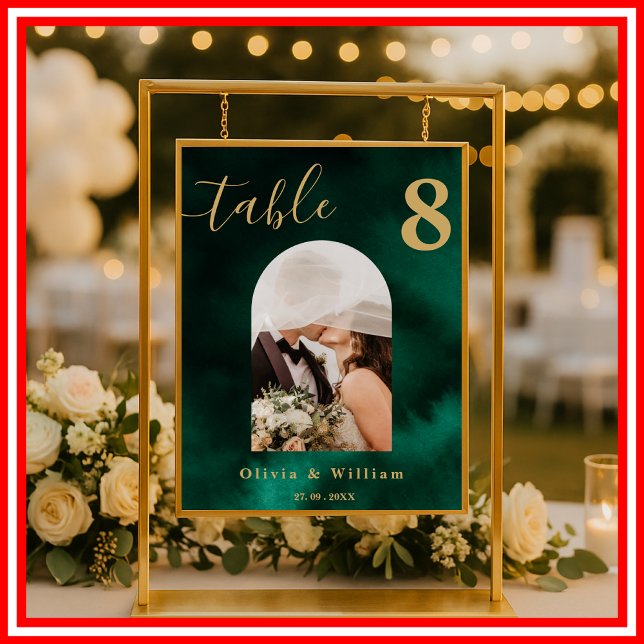 Affiche Emerald Green & Gold Wedding PHOTO Table Number  (Créateur téléchargé)