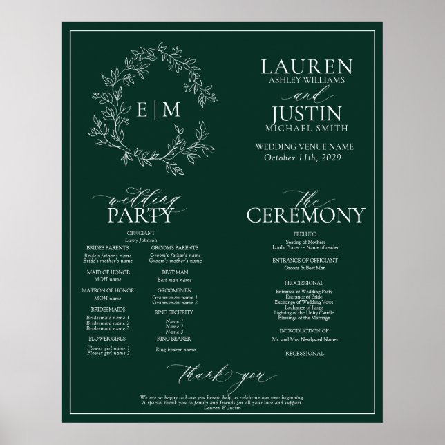 Affiche Emerald Green Leafy Crest Monogramme Programme de  (Devant)