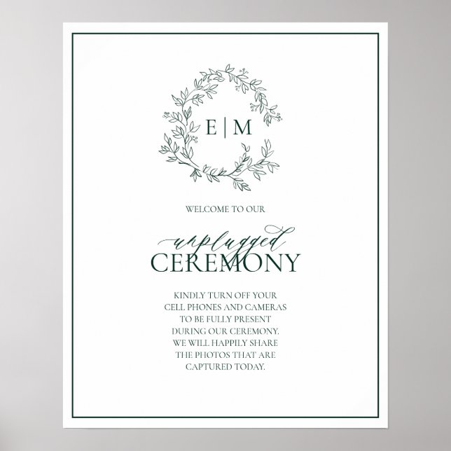 Affiche Emerald Green Leafy Monogram Unplugged Mariage (Devant)