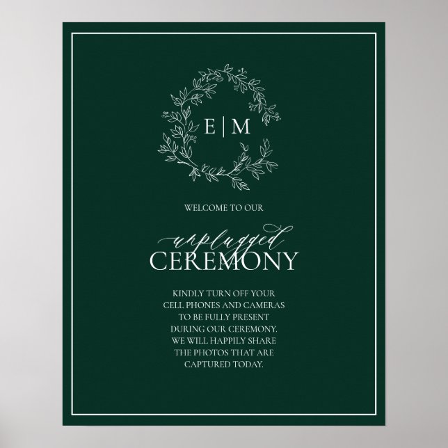 Affiche Emerald Green Leafy Monogram Unplugged Mariage (Devant)