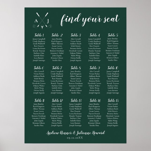 Affiche Emerald Green Moderne Monogram Mariage de golf (Devant)