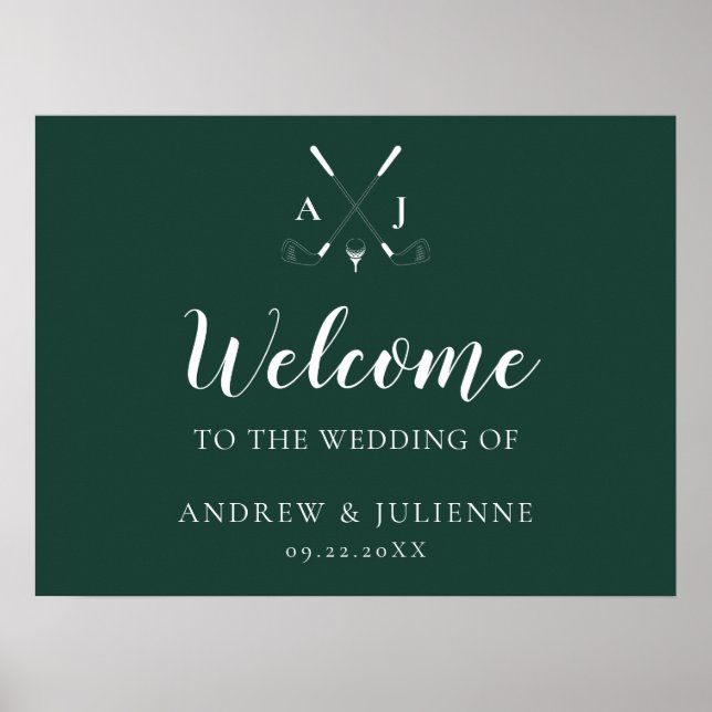 Affiche Emerald Green Monogram Golf Mariage Bienvenue (Devant)