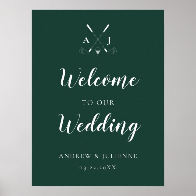 Affiche Emerald Green Monogram Golf Mariage Bienvenue (Devant)