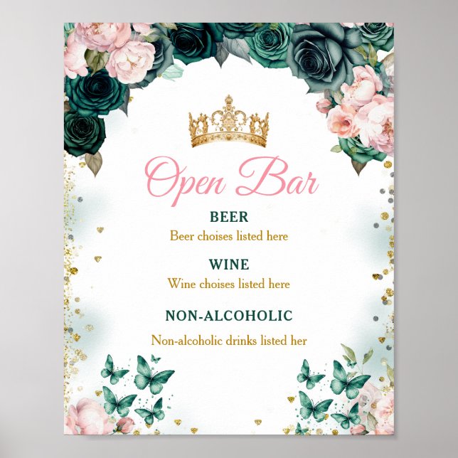 Affiche Emerald Green Quinceañera Open Bar Rose Floral (Devant)