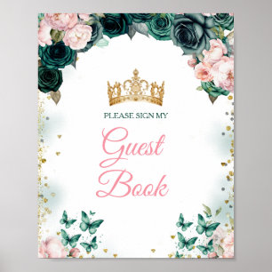 Affiche Emerald Green Quinceañera Pink Floral livre d'hôte
