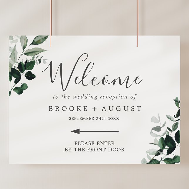 Affiche Emerald Greenery Accueil Mariage directionnel gauc (Emerald Greenery Left Directional Wedding Welcome Poster)