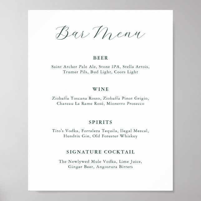 Affiche Emerald Greenery Vintage Wedding Bar Menu (Devant)
