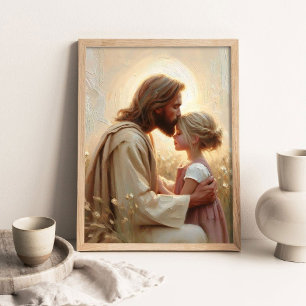Affiche Empathie et Amour, Art Chrétien, Jésus et Petite F