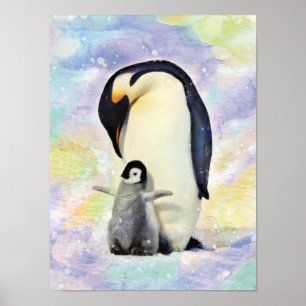 Affiche Empereur Penguin avec l'aquarelle de bébé poussin
