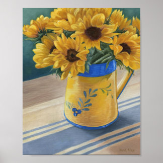 Affiche Emplacement des tournesols sur tissu bleu strié