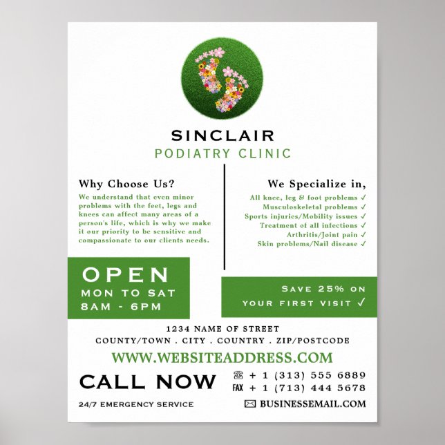 Affiche Empreintes florales, Clinique de podiatrie, Podiat (Devant)