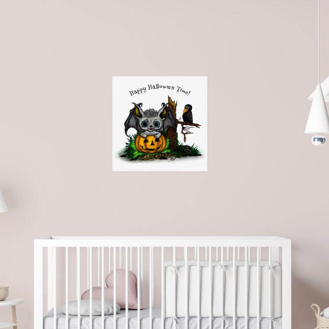 Affiche En attente d'Halloween, Bat mignonne et Corbeau (Pépinière 2)