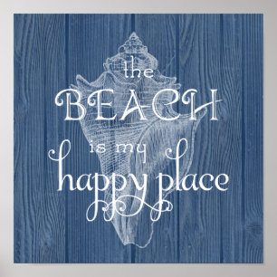 Affiche en bois bleue de coquillage heureux