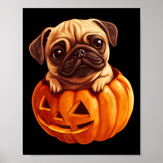 Affiche En Citrouille Halloween Pugkin mignon Carlin Hallo (Devant)