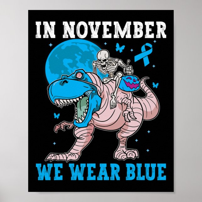 Affiche En Novembre Nous Portons Bleu Diabète Trex Dino En (Devant)