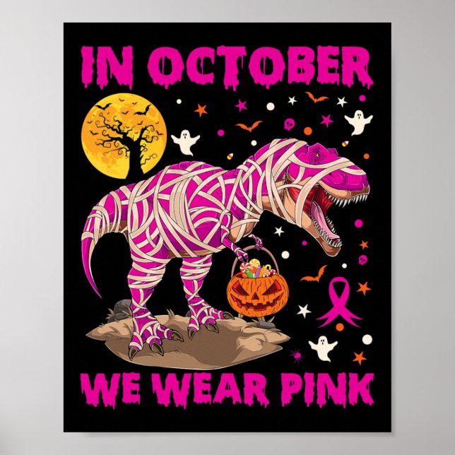 Affiche En Octobre Nous Portons Le Dinosaure De Ruban Rose (Devant)