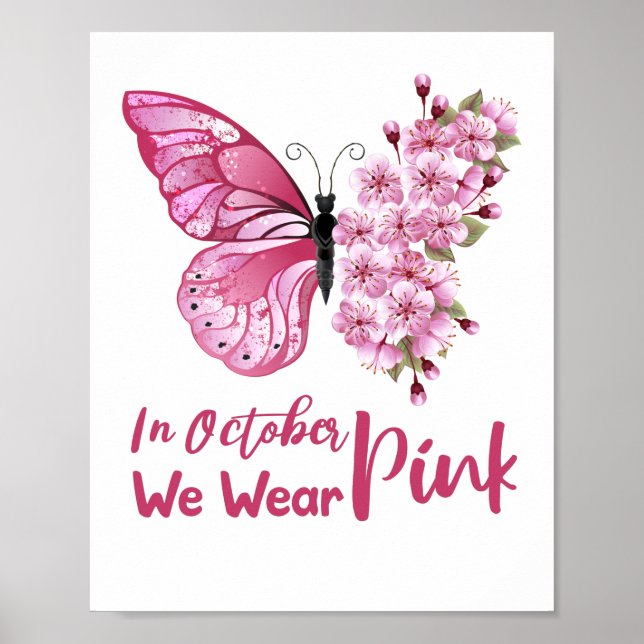Affiche En octobre nous portons papillon rose floral migno (Devant)