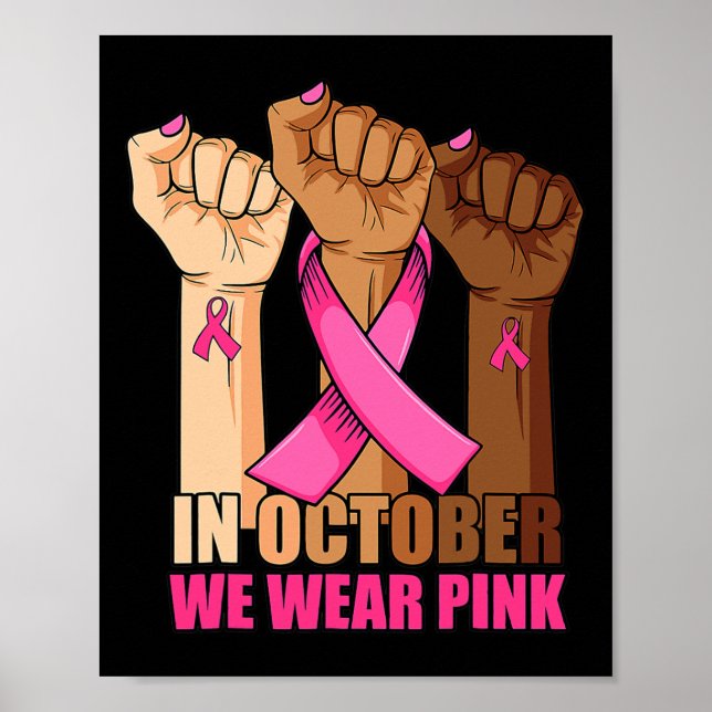 Affiche En Octobre Nous Portons Rose Hausse La Main Cancer (Devant)