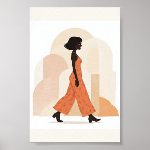 Affiche en terre cuite de femme marchant minimalis