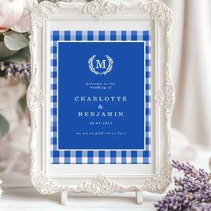 Affiche En vichy bleu Monogram Crest Mariage Bienvenue