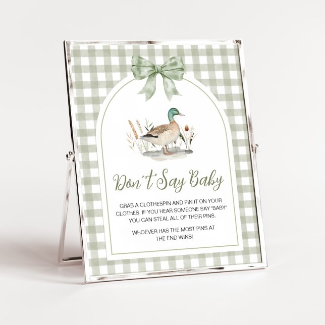 Affiche en vichy Mallard Duck Baby Ne pas dire Bébé Signe (Sage Green Gingham Mallard Duck Hunting Country Baby Shower Sign)