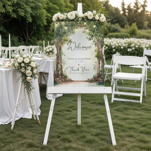 Affiche Enchanted Garden String Lights Wedding Welcome (Enchanted Garden String Lights Wedding Welcome Sign | Rustic Outdoor Wedding Welcome Poster)