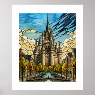 Affiche Enchanted Medieval Castle Stained Glass Canal Illu