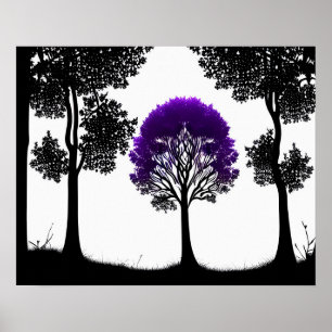 Affiche Enchanter l'arbre violet dans la forêt monochrome