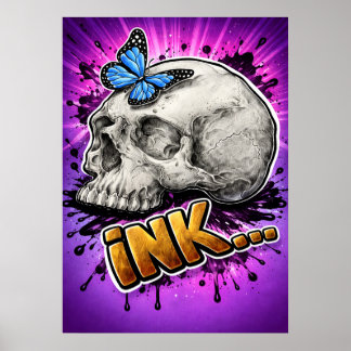 Affiche ENCRE… Crâne dessiné à la main avec papillon