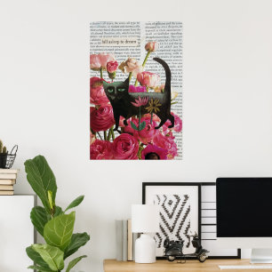 Affiche Endormez-vous pour rêver Chat noir Fleurs roses ch