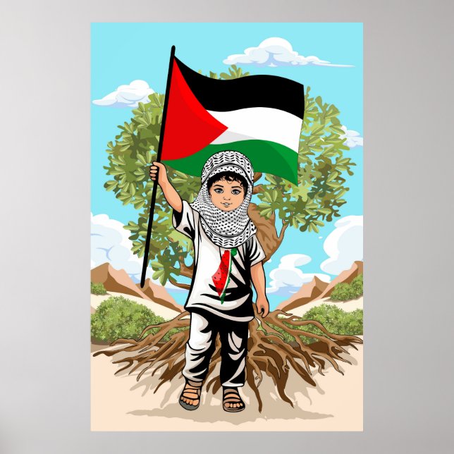 Affiche Enfant avec Keffiyeh Palestine Drapeau et olivier (Devant)